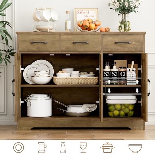 HOSTACK Modern Farmhouse Buffet Sideboard Cabinet, Barn Doors Storage Cabinet with Drawers and Shelves, Wood Coffee Bar Station for Dining Room, Kitchen, Living Room, Rustic Brown - color: Rustic Brown