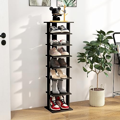 COSTWAY 8-Tier Vertical Shoe Rack, Tall Narrow Shoe Storage Organizer with Removable Shelf for Boots, Anti-Tipping Kit, Space-Saving Shoe Stand with for Small Place, Entryway (Black) - color: Black