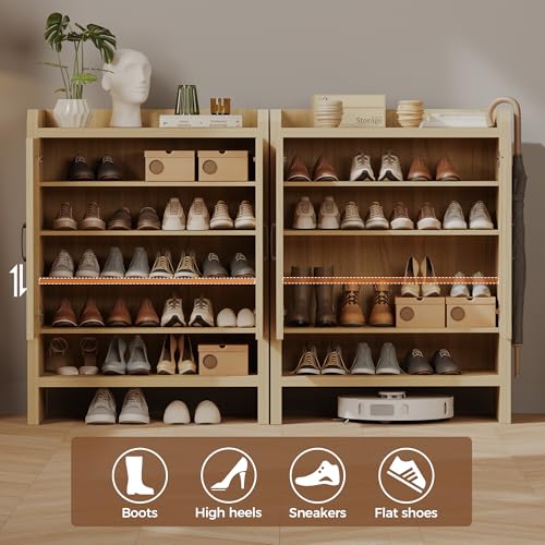 Mericonia 6-Tier Shoe Cabinet Storage for Entryway, Rattan Shoes Organizer Cabinets with Doors, Wooden Shoe Rack, Farmhouse Boho Wood Storage Cabinet (Oak, 6-Tier) - color: Oak, size: 6-tier
