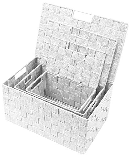 Sorbus Set of 3 Hand-Woven Storage Baskets with Lids – Decorative Wicker Organizers for Home, Closet, or Shelves (White) - color: White