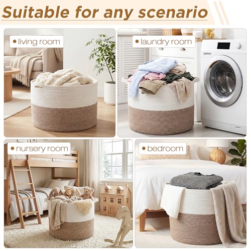 XXXXL 125L Extra Large Blanket Basket, 23.6" x 16.9" Jumbo Woven Cotton Rope Storage Basket with Handles, Laundry Hamper, Toy Storage for Living & Play Room(White & Brown) - color: White & Brown