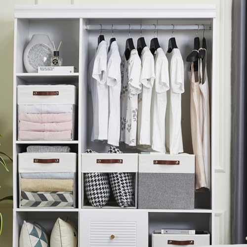 Bagnizer Storage Cubes, 4 Pack Linen Foldable Storage Bins (13 x 13 inch) with Clear Window and 2 Handles, Closet Organizers and Storage for Shelf Closet, Clothes, Books - (Gray and White) - color: Gray / Off-White, size: 13 x 13 x 13