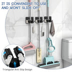 Mop Broom Holder Wall Mount, Stainless Steel, Rust Resistant, Heavy Duty, No Drill,Self-adhesive Broom Holder Wall Mount with Hooks 4Pcs for Bathroom, Kitchen, Garage, Black