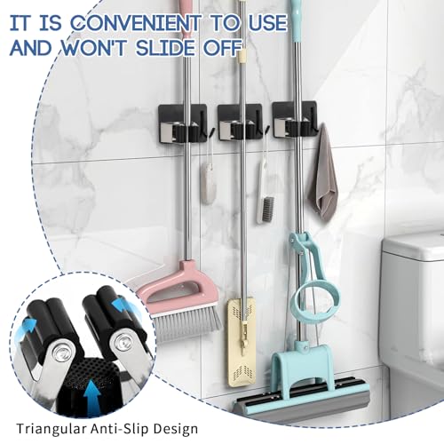 Mop Broom Holder Wall Mount, Stainless Steel, Rust Resistant, Heavy Duty, No Drill,Self-adhesive Broom Holder Wall Mount with Hooks 4Pcs for Bathroom, Kitchen, Garage, Black