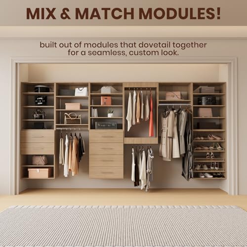 ROOMTEC 28.5" Medium Hanging Closet Unit, Modular Closet System with Hanging Rod, Wardrobe Organizer for Bedroom or Walk-in Closet, Wall Mounted, Customizable Clothes Storage Unit, Wood - color: Wood, size: 28.5" Wide, style: Medium Hanging