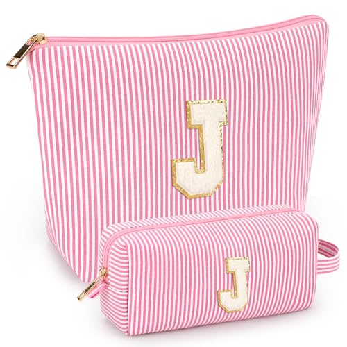 2 PCS Initial Makeup Bags for Women: Cosmetic Bag for Travel Toiletry - Birthday Gifts for 11 12 13 14 15 16 17 18 Years Old Girl Graduation Teacher Gift- Teen Girl Gifts Trendy Stuff - Pink J - color: Pink, style: J