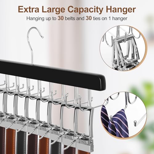 TOPIA HANGER 20 Hooks 2 in 1 Belt Tie Hanger for Closet Max 30 Belts with 30 Ties Capacity, Belt Tie Racks Wooden Hanger for Closet Organizer Storage “U” Fit for Belt and “一” Fit for Tie - CT47B - color: Black