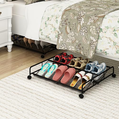 Under Bed Shoe Storage Organizer, 2 Pack Metal Mesh Under Bed Storage Containers with Wheels, Shoe Organizer Drawer Space Saving for Bedroom - size: 2 Pack