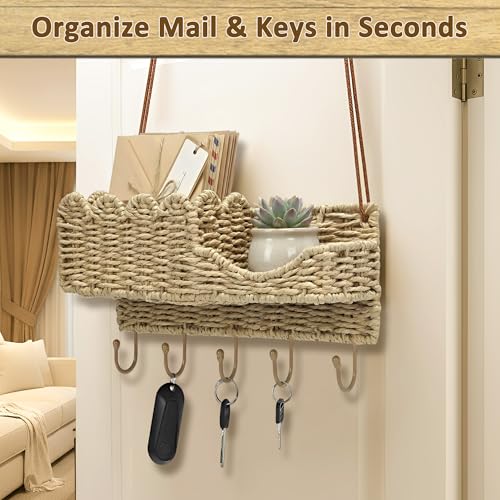Hook Woven Rattan Key Holder & Mail Organizer, Scalloped Wave Design Decorative Wall Mount for Entryway, Living Room & Hallway, Natural Paper Rattan