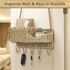 Hook Woven Rattan Key Holder & Mail Organizer, Scalloped Wave Design Decorative Wall Mount for Entryway, Living Room & Hallway, Natural Paper Rattan