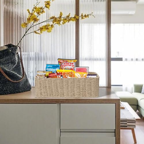 Drawer basket Handwoven Paper Rope Rectangular Shallow Basket Storage-15.35X12.01X4.72 Inches (Brown) - color: Brown
