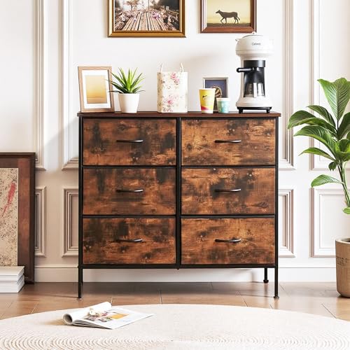 6-Drawer Dresser for Bedroom, Anti-Tip Wide Storage Organizer Chest of Drawers with Wooden Top and Metal Frame Fabric Bins for Closet, Living Room, Hallway, Entryway, Brown - color: Brown, size: 11.8"D x 31.5"W x 31.5"H (6 Drawers)