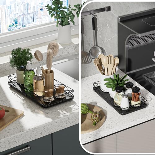 Lixple Toilet Paper Basket Holder, 13" Toilet Tank Tray, Wood and Metal Toilet Tray Vanity Organizer Bathroom Tray, Kitchen Sink Organizer for Soap Dispenser (Black) - color: Black