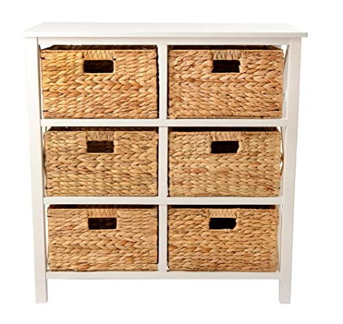 eHemco 3 Tier X-Side End Storage Cabinet, Table with 6 Wicker Baskets for Bedroom, Living Room in White - color: White, size: 15.5"D x 29.3"W x 30"H (6 Drawers)