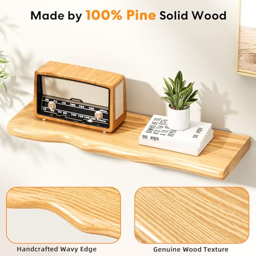 Floating Shelves for Wall 24 Inch Wooden Floating Shelves Live Edge Shelf with Unique Natural Grain Wall Mounted Rustic Pine Wood Shelf for Living Room Bedroom Kitchen Bathroom (Natural) - color: Natural, size: 24 inch - 2pcs