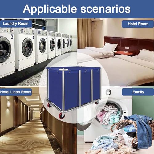 Commercial Laundry Cart with Wheels, 470L Industrial Rolling Laundry Basket, Large Heavy Duty Laundry Sorter with Watertight Oxford Bag & Sturdy Steel Frame for Home, Hotel, Hospital, 440 lbs (Blue) - color: Blue