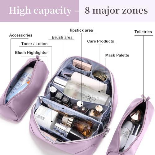 BOYATU Travel Makeup Bag Cosmetic Bags for Women: 3 Pcs Set Large Capacity Make up Bag with Handle - Waterproof Vegan Leather Toiletry Bags Travel Essentials with Compartments(C-4-Purple) - color: C-4-Purple