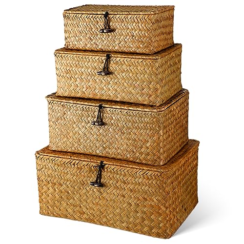 Woanger Set of 4 Wicker Storage Baskets Organizer，Handwoven Storage Bins with Lid for Organizing, Home Utility Box for Home Office Supplies Multipurpose Container(Orange) - color: Orange