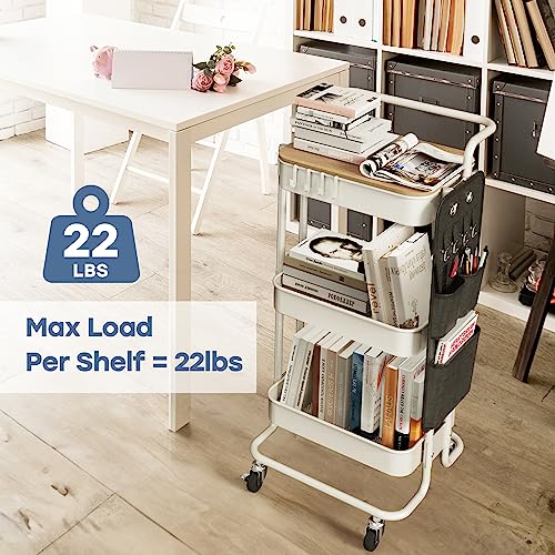 DTK 3 Tier Metal Utility Rolling Cart with Table Top and Side Bags, Metal Tray Storage Organizer Cart with Wheels, Art Craft Cart with 4 Hooks for Kitchen Bathroom Office Living Room (White) - color: White, size: Large