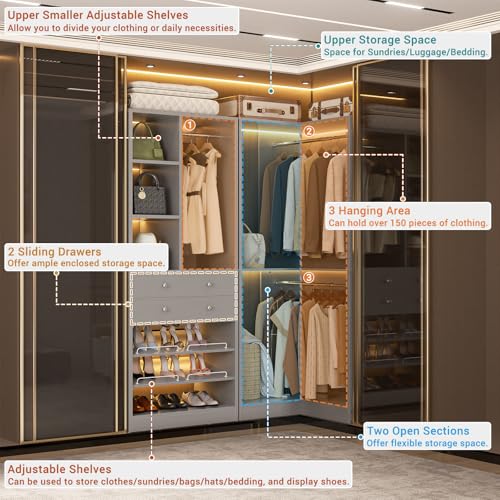 Besiost Closet System with 2 Drawers, 3 Hanging Rods, 59.5" * 31.5" Closet Organizer System with Corner Tower, Reversible L Shaped Walk-in Closet System, Corner Closet System Set of 2, Morandi Grey - color: Morandi Grey, size: 59.5" * 31.5"