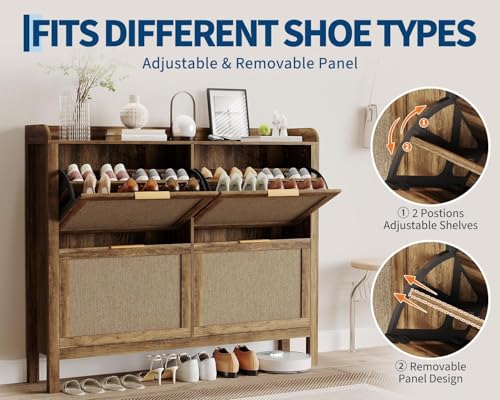 Garvee Farmhouse Rattan Shoe Cabinet, 47 Inch Boho Shoes Organizer with 4 Flip Drawers, Freestanding Narrow Shoe Rack for Entryway with Hidden Golden Handles&Adjustable Shelves(Brown) - size: 4 doors