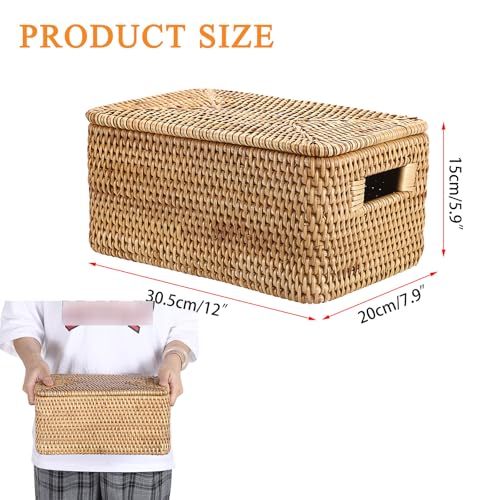 Hipiwe Rattan Basket with Lid Rectangular Lidded Basket Natural Hand-Woven Wicker Storage Basket Bin for Shelf Organizing Picnic Food Bread Table Storage Basket, 12"x7.9"x 5.9" - size: 12"L x 7.9"W x 5.9"H