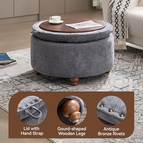 30Inch Round Storage Ottoman with Tray, Modern Tufted Circle Coffee Table with Storage, Upholstered Ottoman with Removable Top for Living Room, Bedroom, Chenille Blue - color: Chenille Blue, size: 30 Inch