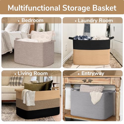 Goodpick 105L Extra Large Blanket Basket 25" x 16" x 16" Cotton Rope Storage Baskets for Organizing, Wicker Laundry Basket with Handles, Rectangle Woven Baskets for Storage, Black & Jute - color: Black Jute, size: XX-Large(25"L x 16"W x 16"H)
