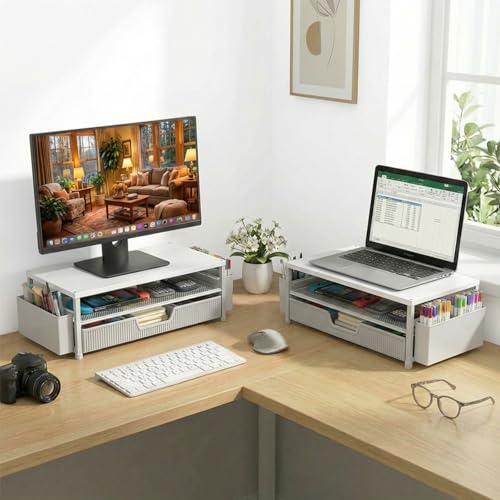 ECOLOVI Desk Organizer and Accessories, 2-Tier Computer Monitor Stand Rise with Storage Drawer & 2 Pen Holders, Laptop & Printer Stand for Desktop, Workspace Organizers for Office Supplies (White) - color: White