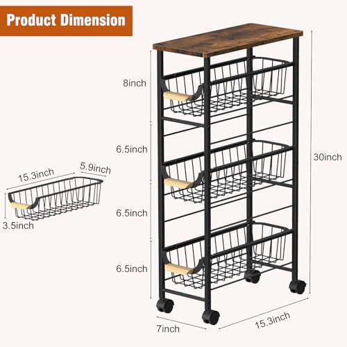 4-Tier Slim Rolling Cart with Pull-Out Baskets & Wooden Top Narrow Mobile Storage Organizer, Multipurpose Utility Cart with Handle for Small Spaces, Kitchen, Bathroom, Laundry Room, Office, Brown