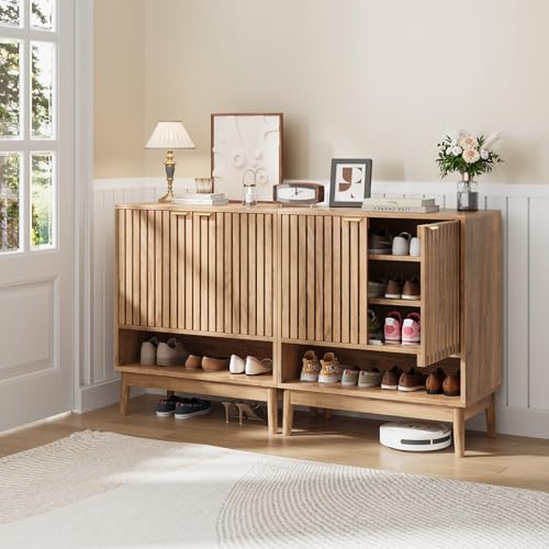 Kiasthome Shoe Storage Cabinet with Adjustable Shelves, Wooden Shoe Organizer, Shoes Rack for Entryway, Hallway, Living Room (Natural Wood, 27.56" W) - color: Natural Wood, size: 27.56" W