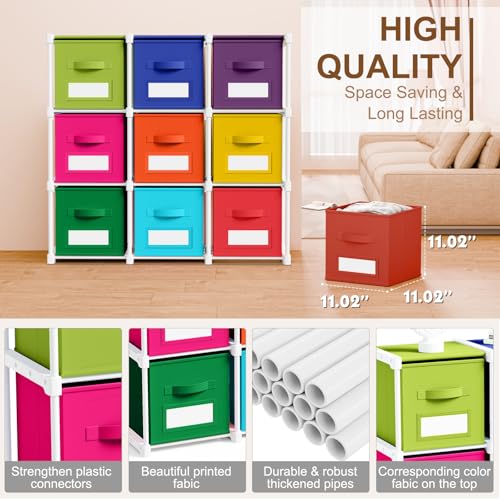 Geelin 9 Cube Toys Storage Organizer with Fabric Bins and Labels, 11 Inch Collapsible Cubby Storage Drawers Colorful Dresser with Shelf for Playroom Nursery Closet Bedroom Dorm Decor - color: Rainbow