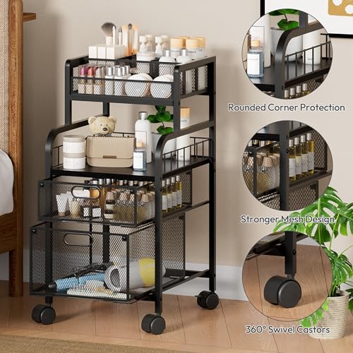 SWTYMIKI Rolling Cart with Drawers - Metal Utility Cart with Wood Shelf, DIY Divider and Locking Wheels, Craft & Art Cart Organizer for Under Desk Storage for Home Office Studio, Black - color: 4 Tiers-Black, size: 4 Tiers