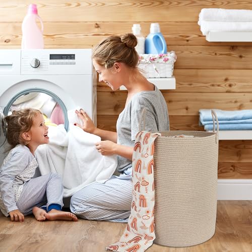 XUANGUO Cotton Rope Laundry Basket Hamper for Clothes Woven Storage Basket for Living Room Bedroom Boho Tall Rope Baskets for Blanket Toys Pillow Towels Baby Nursery Hamper Bin Large oatmeal - color: oatmeal, size: Large