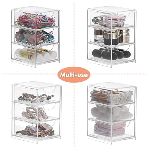 BTSKY 2 Pack Small Acrylic Storage Organizer with Drawers, 3-Layer Clear Desktop Organizer for Office Supplies Mini Storage Box with Drawers for Desk, Desktop Makeup Drawer Jewelry Storage Box