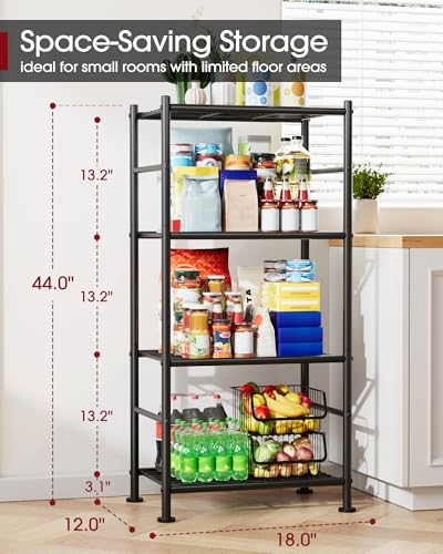 Sakugi Storage Shelves - 4 Tier Shelf Organizer, Sturdy Metal Garage Shelving with Adjustable Leveling Feet, Space-Saving Shelves Organizer for Pantry, Laundry, Kitchen (18" x 12" x 44", Black) - color: Black, size: 18.0W x 12.0D x 44.0H (4T)