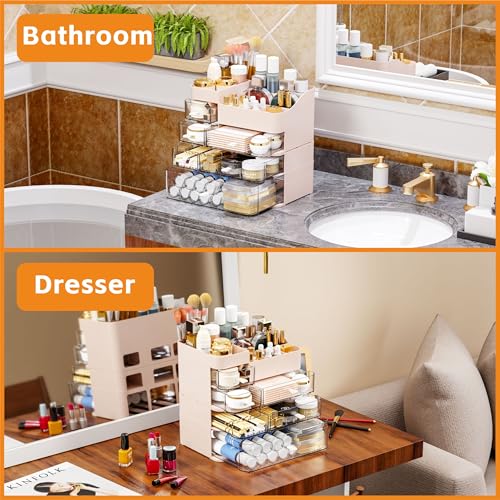 Pink Makeup Countertop Organizer,Large Capacity Make up Organizers for Vanity with 6 Drawer,Plastic Bathroom Skincare Organizers for Eyeshadow,Brush,Palettes,Perfume,Beauty Products,Skin Care Storage - color: Pink, size: Large-6 Drawers