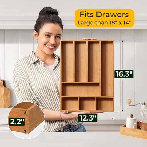 Carbonized Bamboo Kitchen Drawer Organizer, 8 Slots Silverware Organizer, Utensil Holder & Cutlery Tray, 2.2" Deep for Extra Capacity, Non-Slip Feet Included - size: 8 Slots