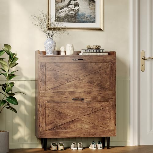 VINGLI Shoe Storage Cabinet for Entryway with 2 Flip Drawers, Ultra Slim Freestanding Entryway Shoe Organizer with Wood Tapered Legs,Hidden Closed Shoe Rack,31.6" W * 9.4" D * 39.4" H, Rustic Brown - color: Rustic Brown, size: 31.5"W 2 Drawers
