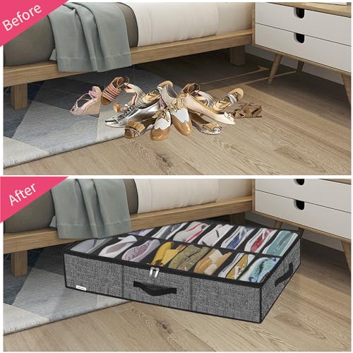 Onlyeasy Sturdy Under Bed Shoe Storage Solution Organizer For Closet Fit 16x2 Pairs, Underbed Shoes Container Bags with Reinforced Handles, Breathable, Linen-like Black, MXAUBS16P2 - color: 2 Shoes (16+16 Cells) Linen-like Black