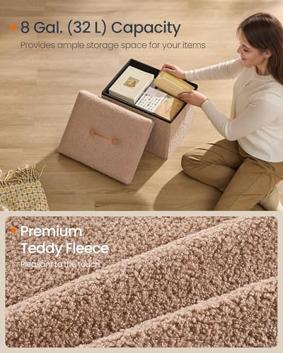 SONGMICS Small Folding Storage Ottoman, Foot Rest Stool, 12.2 x 16.1 x 12.2 Inches, Ottoman with Storage, Load up to 286 lb, for Living Room, Bedroom, Dorm, Camel Brown ULSF094K01 - color: Camel Brown, style: Teddy Fleece