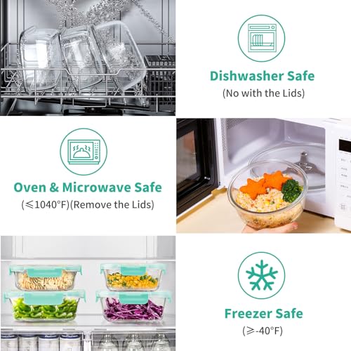 34pcs Glass Food Storage Containers with Lids Set, Airtight Glass Meal Prep Containers (17 Containers & 17 Lids), Leak Proof Lunch Container BPA-Free, Microwave, Oven, Freezer, Dishwasher Safe-Green - color: Green