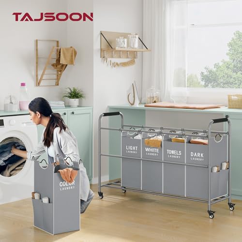 Tajsoon 5 Bag Laundry Sorter Cart, Laundry Hamper Sorter Basket with Heavy Duty Lockable Rolling Wheels for Clothes Storage, Grey & White - color: Grey & White
