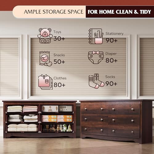 WLIVE Wooden Dresser for Bedroom, 6 Drawers Chest of Drawers, 59" Wide Modern Dresser Closet Storage Organizer for Living Room Hallway, Brown - color: Brown, size: 6 Drawers