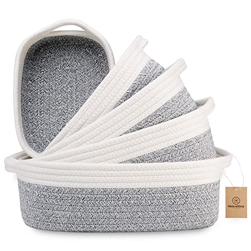 NaturalCozy 5-Piece Rectangle Storage Basket Set- Natural Cotton Rope Woven Baskets for Organizing! Small Basket for Montessori, Baby Nursery, Dog Toy Baskets, Cat Toy Box, Bathroom Organization Bin - color: Off White & Mixed Gray