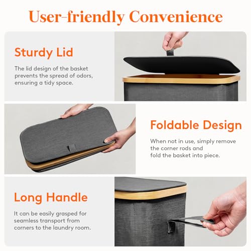 Lifewit 75L Slim Laundry Hamper with Lid, Narrow Laundry Basket with Removable Bag & Bamboo Handles, Fodable Thin Dirty Clothes Hamper for Laundry Collapsible Bin for Bathroom Bedroom Dorm, Dark Gray - color: Dark Gray, size: 75L