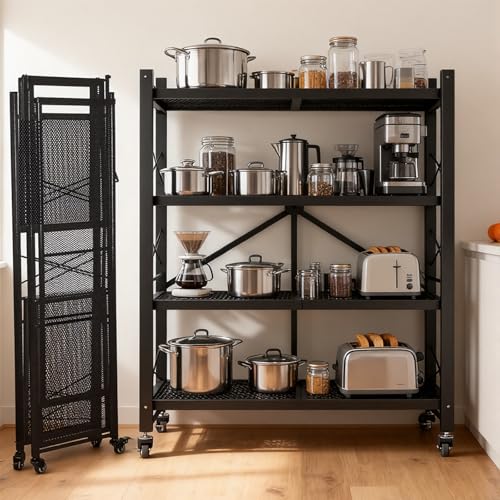 4-Tier Folding Storage Shelves, Heavy Duty Garage Shelving Unit, Adjustable Metal Standing Storage Rack Shelf, No Assembly Wire Shelving Organizer with Wheels for Kitchen Pantry Warehouse - size: 4-Tier