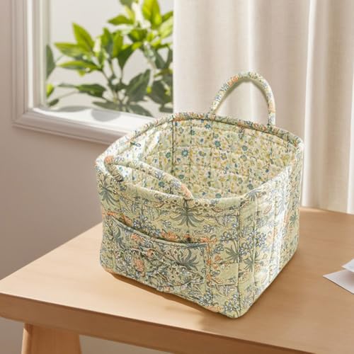 Quilted Fabric Basket Foldable Car Storage Boho Floral Laundry Basket Hamper for Nursery Bedroom & Living Room | Organize Clothes Toys - color: Green Garden