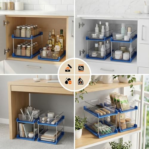 2 Pack Bathroom Organizer,2 Tier Blue Under Sink Organizers Vanity Countertop Storage Container,Cabinet Drawers Bins, Pull-Out Organization with Track for Pantry, Kitchen - color: Blue, size: 2 Pack