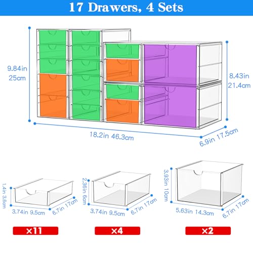 ARSTPEOE Makeup Acrylic Organizer with 17 Drawers(4 Sets), Desk Organizers and Accessories, Clear Makeup Organizer, Dustproof Storage Drawers for Office Art Craft Supplies - size: 17 Drawers